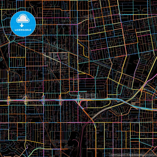 Rosemead, California, United States, colorful city map on black background