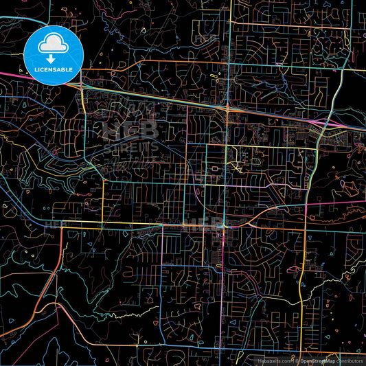 Blue Springs, Missouri, United States, colorful city map on black background