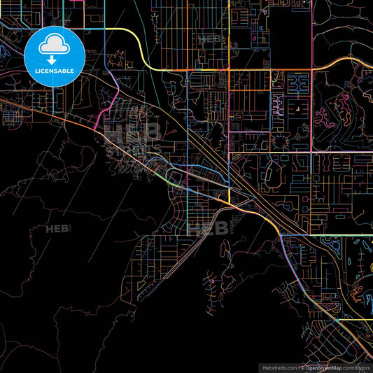 Cathedral City, California, United States, colorful city map on black background