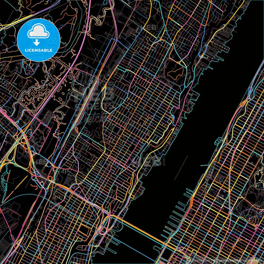 West New York, New Jersey, United States, colorful city map on black background