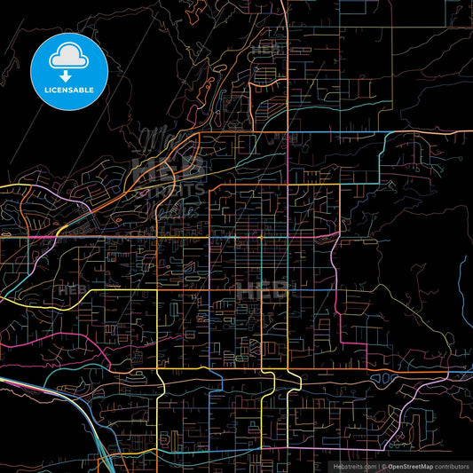 Yucaipa, California, United States, colorful city map on black background