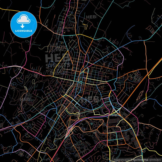 Harrisonburg, Virginia, United States, colorful city map on black background