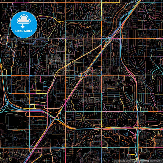Lenexa, Kansas, United States, colorful city map on black background