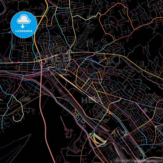 Kingsport, Tennessee, United States, colorful city map on black background