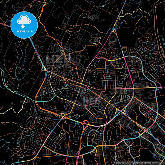 Leesburg, Virginia, United States, colorful city map on black background