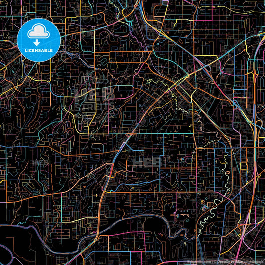Tigard, Oregon, United States, colorful city map on black background