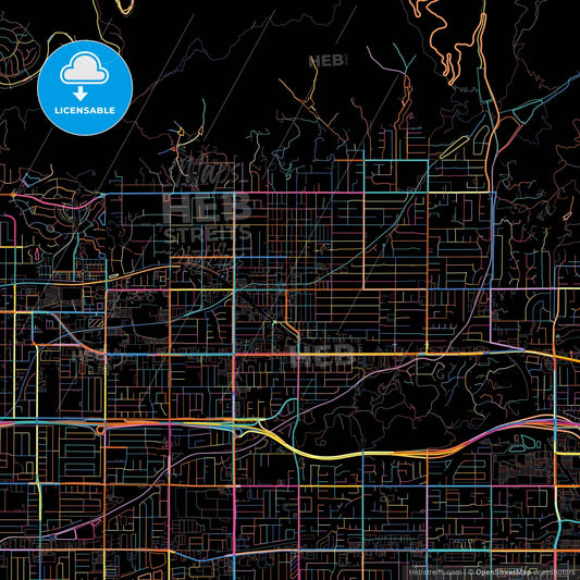 Glendora, California, United States, colorful city map on black background