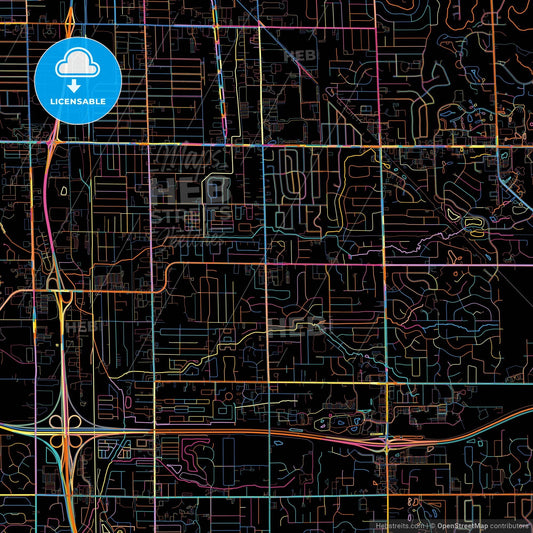 Kentwood, Michigan, United States, colorful city map on black background