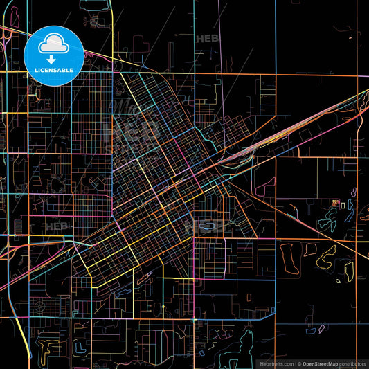 Grand Island, Nebraska, United States, colorful city map on black background