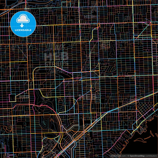 Coral Gables, Florida, United States, colorful city map on black background