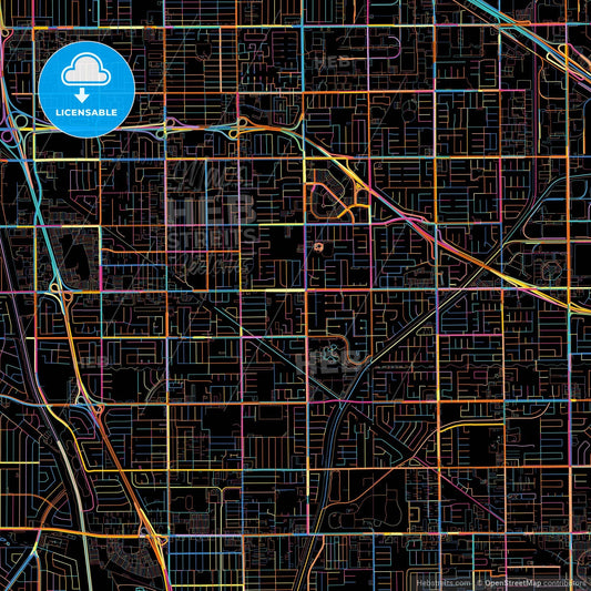 Cerritos, California, United States, colorful city map on black background