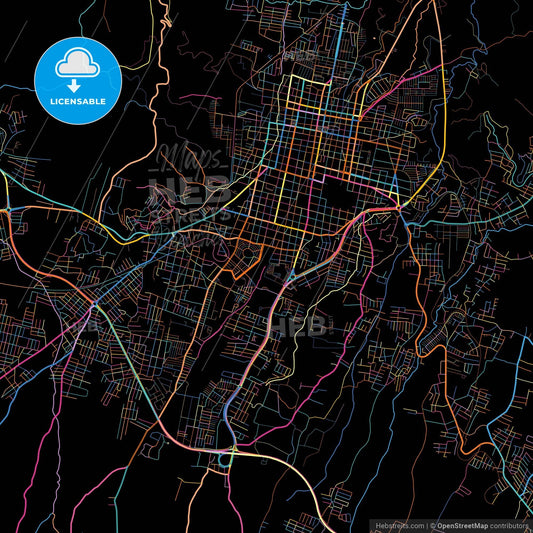 Santa Ana, Santa Ana, El Salvador, colorful city map on black background