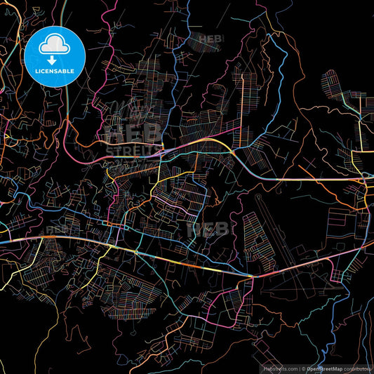 Soyapango, San Salvador, El Salvador, colorful city map on black background