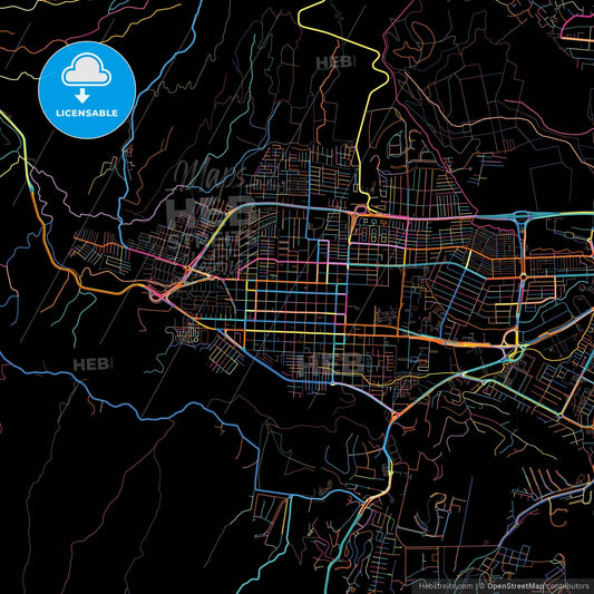 Santa Tecla, La Libertad, El Salvador, colorful city map on black background