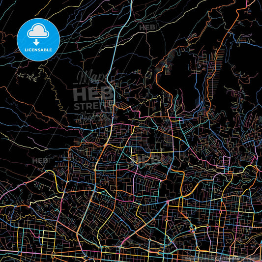 Mejicanos, San Salvador, El Salvador, colorful city map on black background
