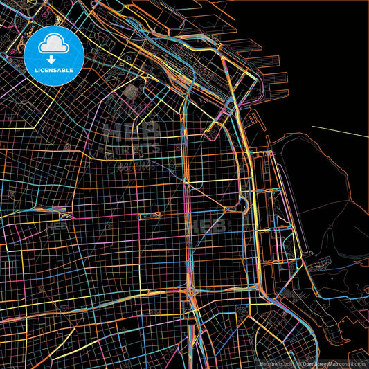 Buenos Aires, Argentina, colorful city map on black background