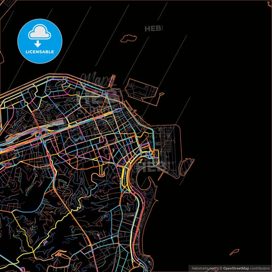 Rio de Janeiro, Brazil, colorful city map on black background