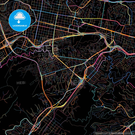 Caracas, Venezuela, colorful city map on black background