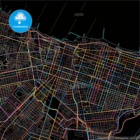 Fortaleza, Brazil, colorful city map on black background