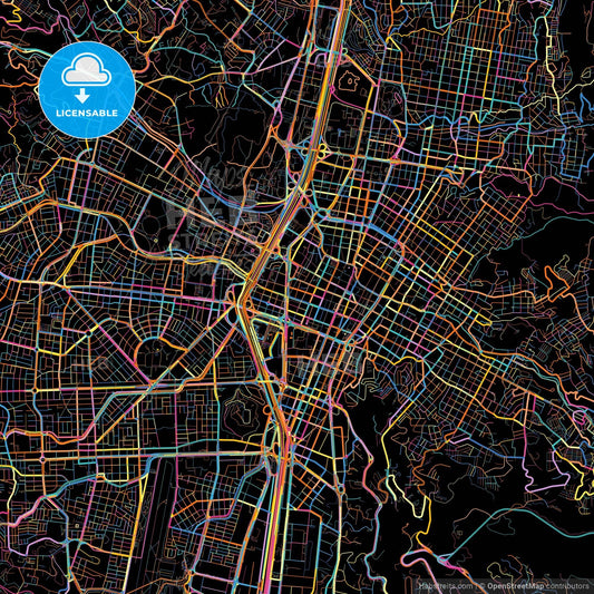 Medellin, Colombia, colorful city map on black background
