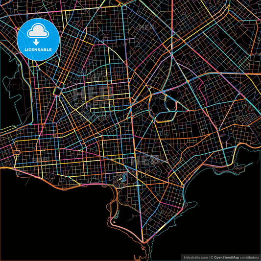 Montevideo, Uruguay, colorful city map on black background