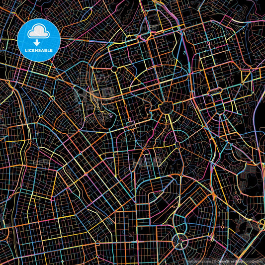 Goiania, Brazil, colorful city map on black background