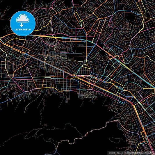 Nova Iguacu, Brazil, colorful city map on black background