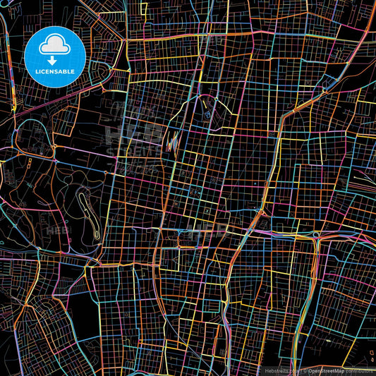 Mendoza, Argentina, colorful city map on black background
