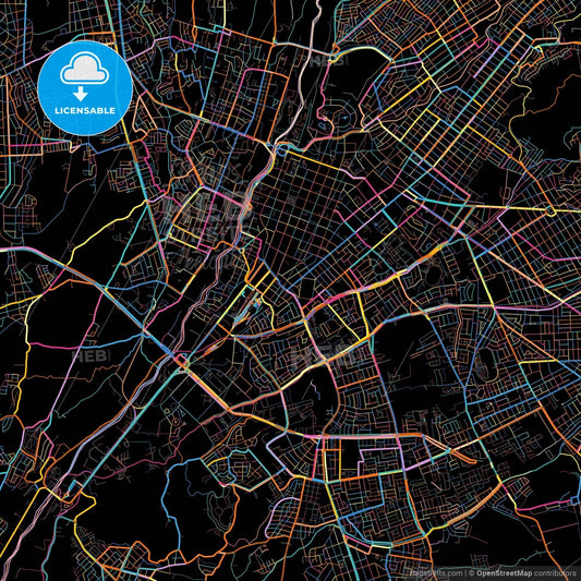 Arequipa, Peru, colorful city map on black background