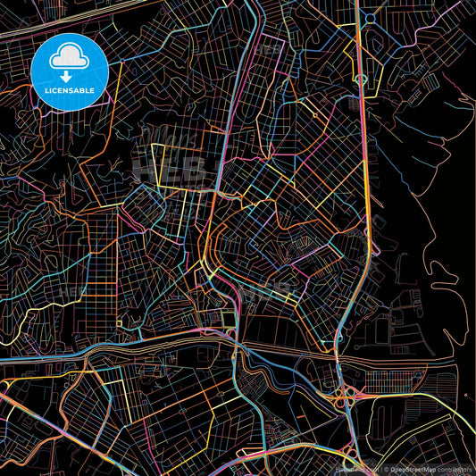 Duque de Caxias, Brazil, colorful city map on black background