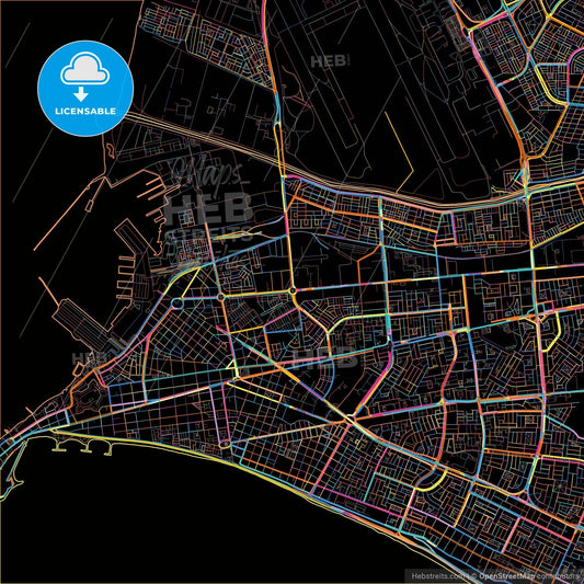Callao, Peru, colorful city map on black background