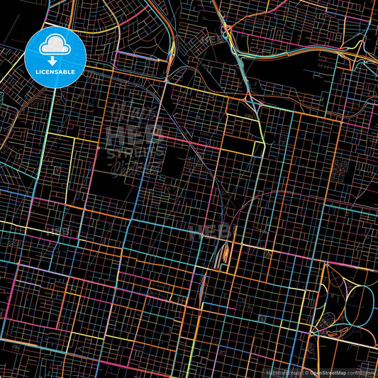 San Miguel de Tucuman, Argentina, colorful city map on black background