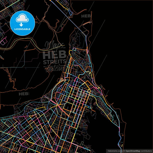 Natal, Brazil, colorful city map on black background