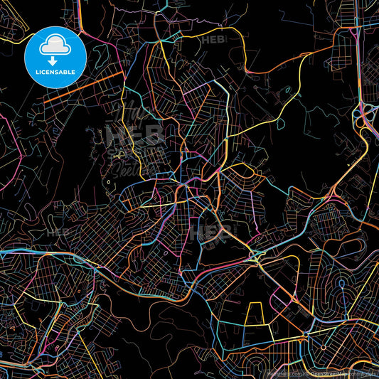 Contagem, Brazil, colorful city map on black background