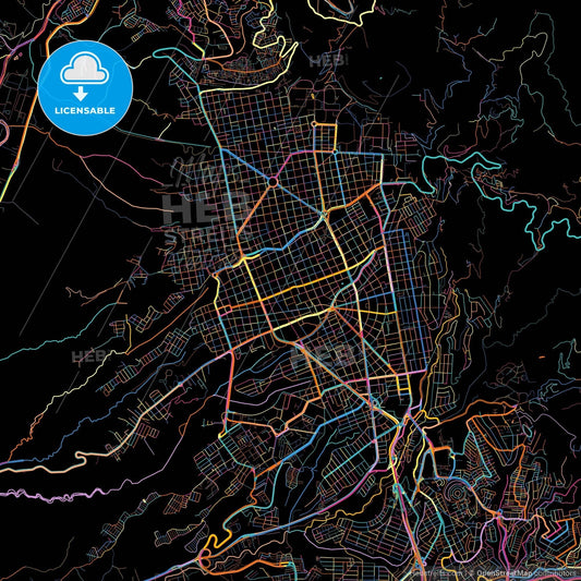 Bucaramanga, Colombia, colorful city map on black background