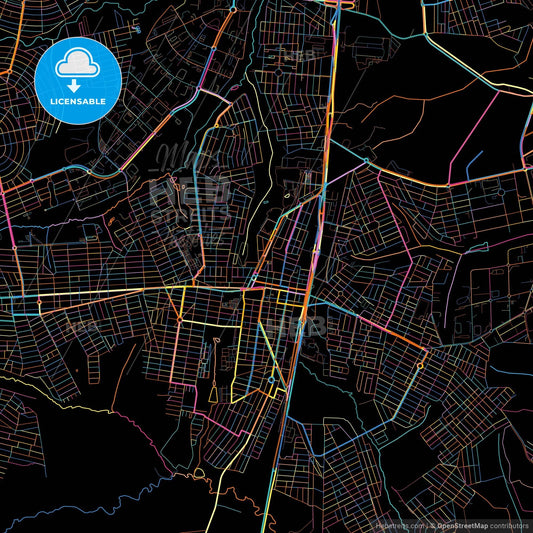 Aparecida de Goiania, Brazil, colorful city map on black background