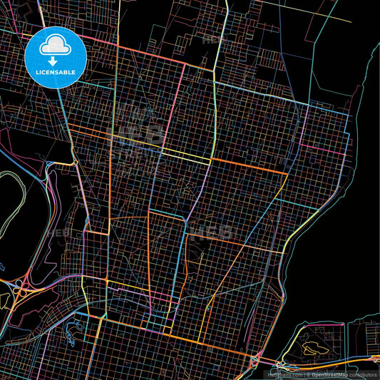 Santa Fe de la Vera Cruz, Argentina, colorful city map on black background