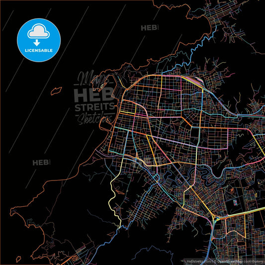 Santa Marta, Colombia, colorful city map on black background