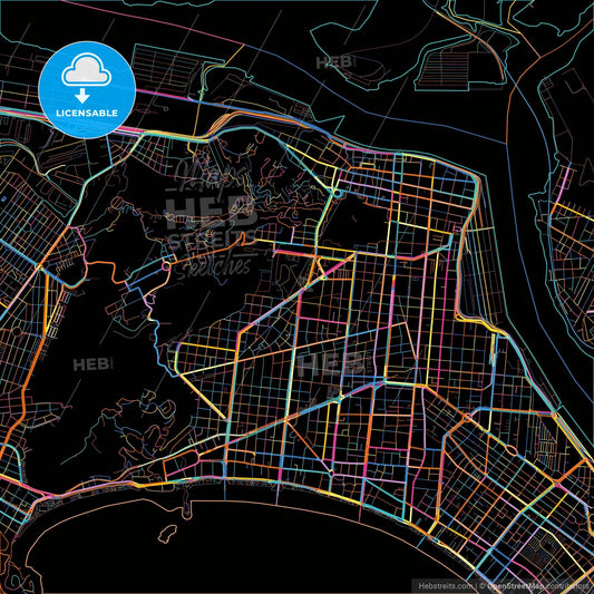 Santos, Brazil, colorful city map on black background