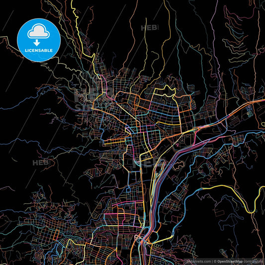 Bello, Colombia, colorful city map on black background