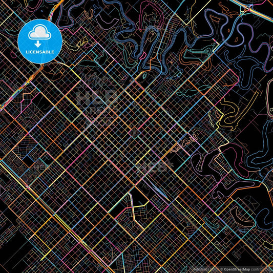 Resistencia, Argentina, colorful city map on black background