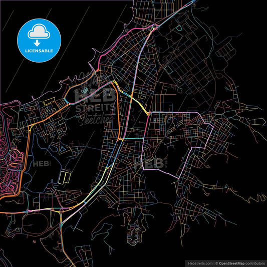 Puerto La Cruz, Venezuela, colorful city map on black background