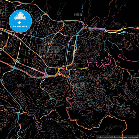 Petare, Venezuela, colorful city map on black background