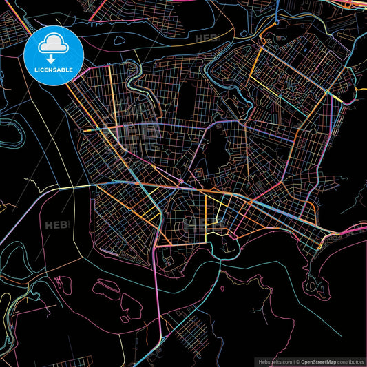 Sao Vicente, Brazil, colorful city map on black background