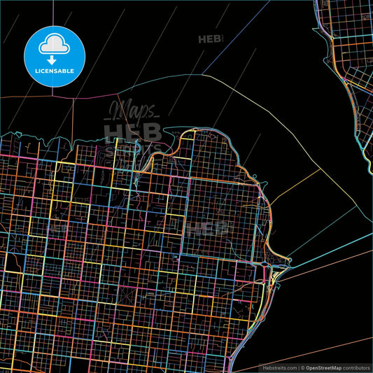 Posadas, Argentina, colorful city map on black background