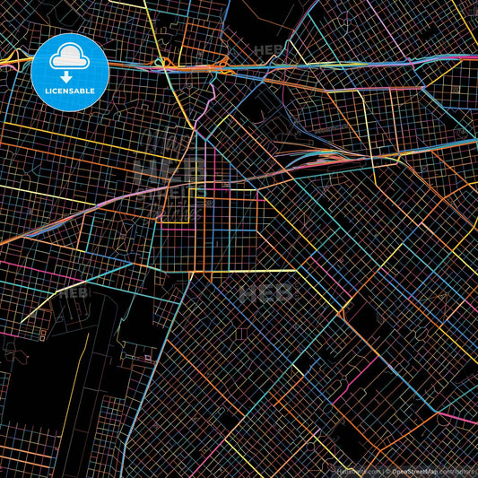 Moron, Argentina, colorful city map on black background