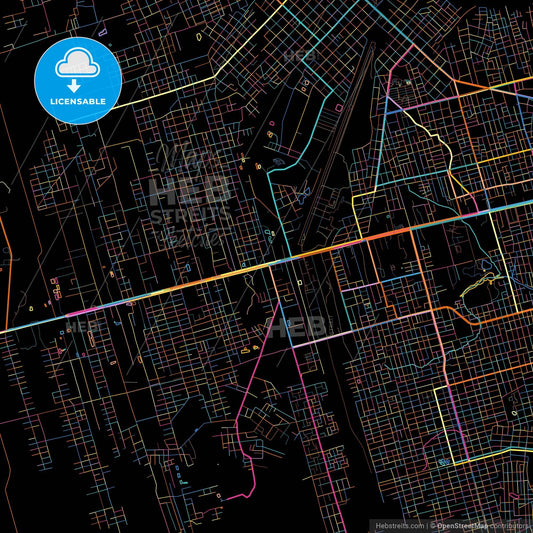 Pucallpa, Peru, colorful city map on black background