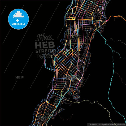 Antofagasta, Chile, colorful city map on black background