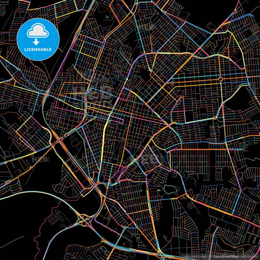 Franca, Brazil, colorful city map on black background