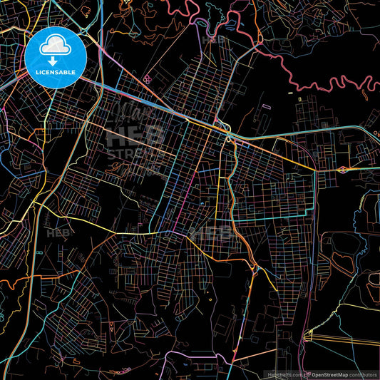 Suzano, Brazil, colorful city map on black background